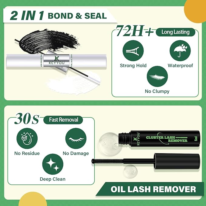 DIY Lash Extension Kit 144pcs 8-18MIX Lash Clusters with Super Hold Mascara Brush Bond and Seal Lash Remover Lash Applicators Lash Brush for KEYYOU DIY Lash Kit (Y10 Kit)
