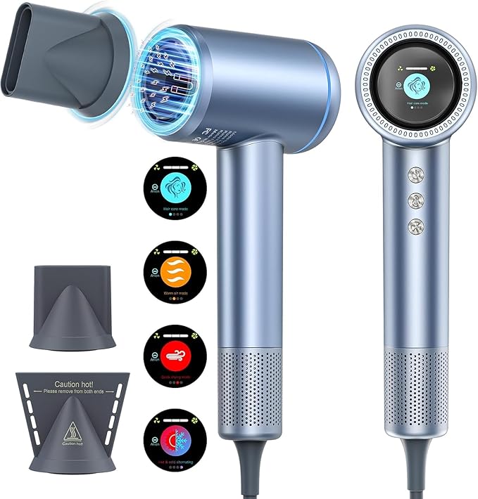 Hair Dryer, 150000 RPM High-Speed Brushless Motor Negative Ionic Fast Drying Blow Dryer with LCD Display, 4 Temps & 3 Speeds and 2 Magnetic Nozzle Hairdryer for Woman Kids Salon