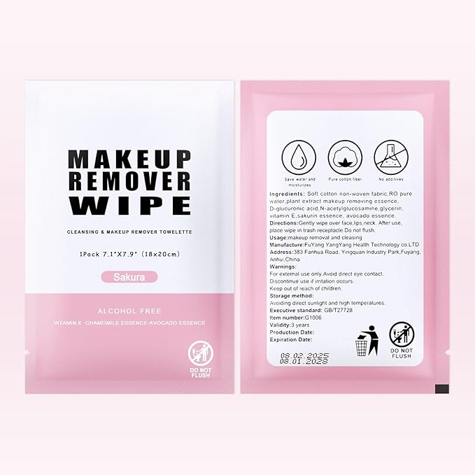 Pack of 50 Makeup Remover Wipes Individually Wrapped,Sakura Scent,Face Cleansing Wipes Bulk, Travel Towelette Makeup Remover Cloth for Face Cleansing Skin Care Remove Makeup
