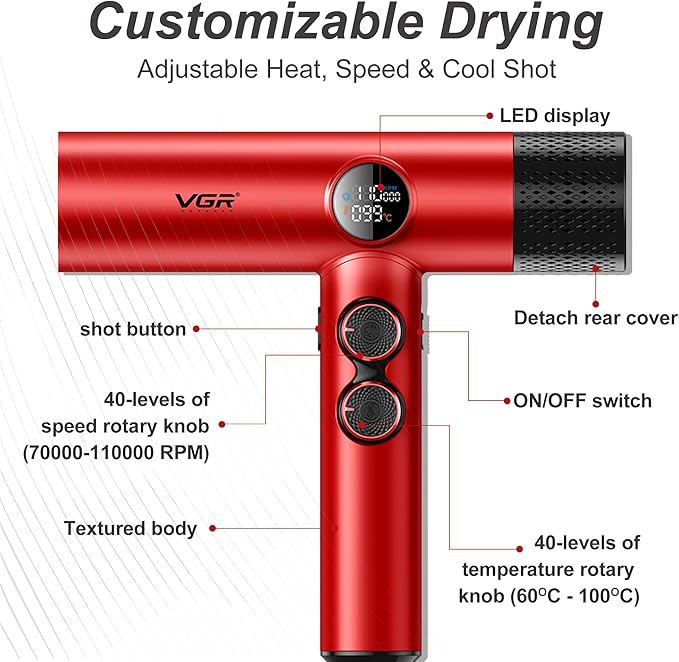 VGR 401 Negative Ionic Hair Dryer, Professional BLDC Motor Blow Dryer for Fast Drying, LED Display Low Noise Thermo and RPM-Control Hairdryer, Travel with Magnetic 1 Diffuser & 2 Nozzle, Red