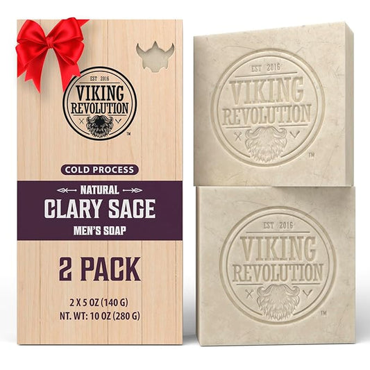 Viking Revolution Clary Sage Natural Soap for Men - Mens Soap Bar with Essential Oils Cold Pressed Bar Soap for Men - Nourishing Mens Bar Soap with Coconut Oil, Shea Oil, Almond Oil (2 Pack)