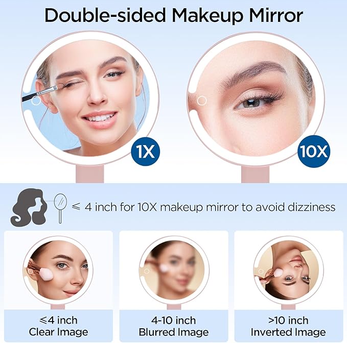 Makeup Mirror with Lights - 360° Rotation, 3 Color Modes (Dimmable), 1X/10X Magnifying Double-Sided Mirror, Rechargeable & Portable Vanity Mirror with Touch Control for Tabletop, Home, Travel Pink