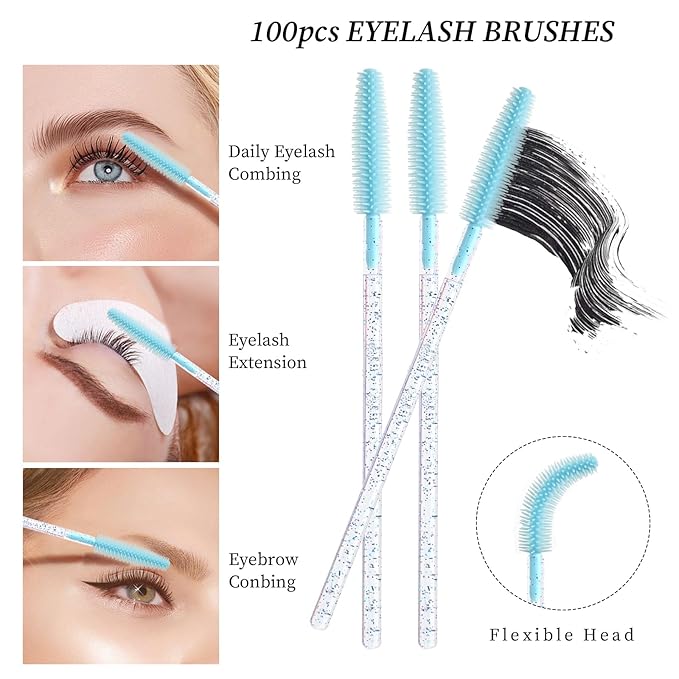 MyAoKuE-UP 100pcs Silicone Mascara Wands Disposable Eyelash Brushes Wand for Extension Makeup Brush Tool Bulk (Silicone Crystal Blue)