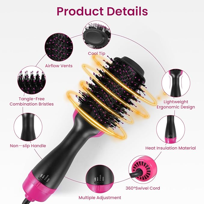 Hair Dryer Brush Blow Dryer in One, Upgraded 4 in 1 Hair Drying Hair Blowout Brush,One Step Hair Dryer and Styler Hot Air Negative Ion Anti-frizz Blowouts, Salon Volumizer & Straightener (A)