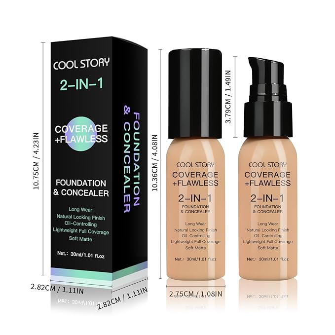 2-in-1 Foundation and Concealer Long Wear Natural Matte Finish Lightweight Coverage (Medium)
