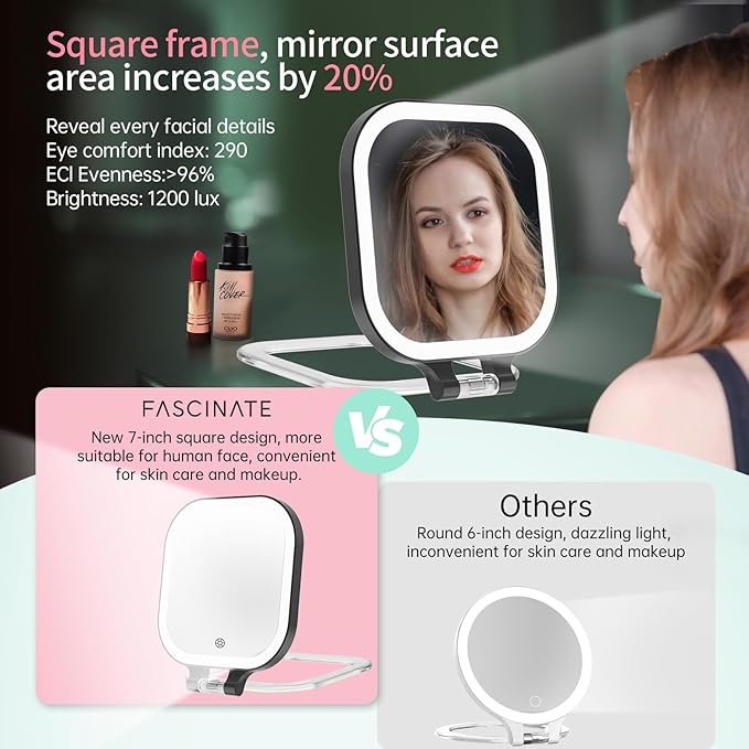 FASCINATE Rechargeable Travel Makeup Mirror 30X Magnification, 7" Lighted Portable Vanity Mirror with 3 Colors Lighting & Stepless Dimming, Double Sided LED Mirror, Gift for Women (Black)