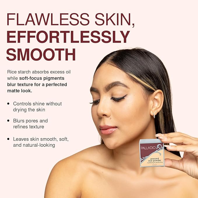 Palladio Pressed Rice Powder, Face Mattifying Setting Powder, Oil Absorbing, Poreless Makeup Foundation Perfecting, Facial Blotting Compact with Mirror, Includes Sponge, Translucent