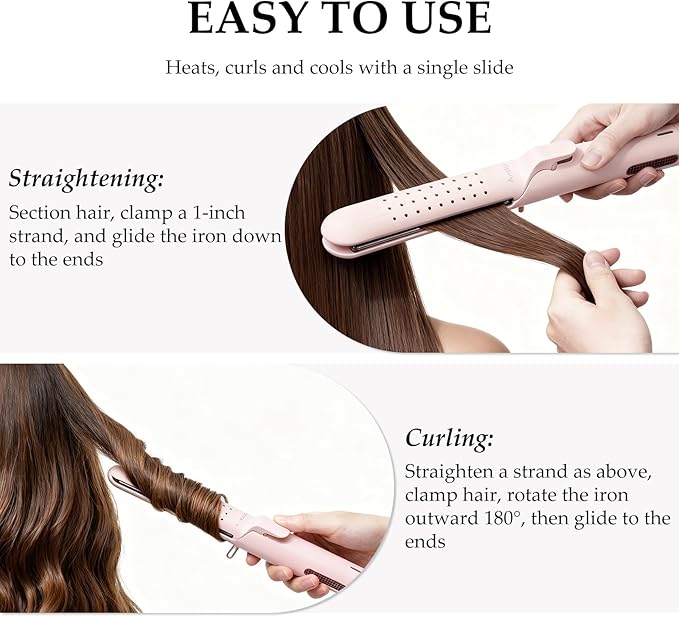 Airflow Styler Curling Iron | 2-in-1 Straightener & Curler for Straight Curly Wavy | Cold Air for Damage-Free Styling Quick Hold | Ceramic Floating Plates | Easy and Safe Curling Wand