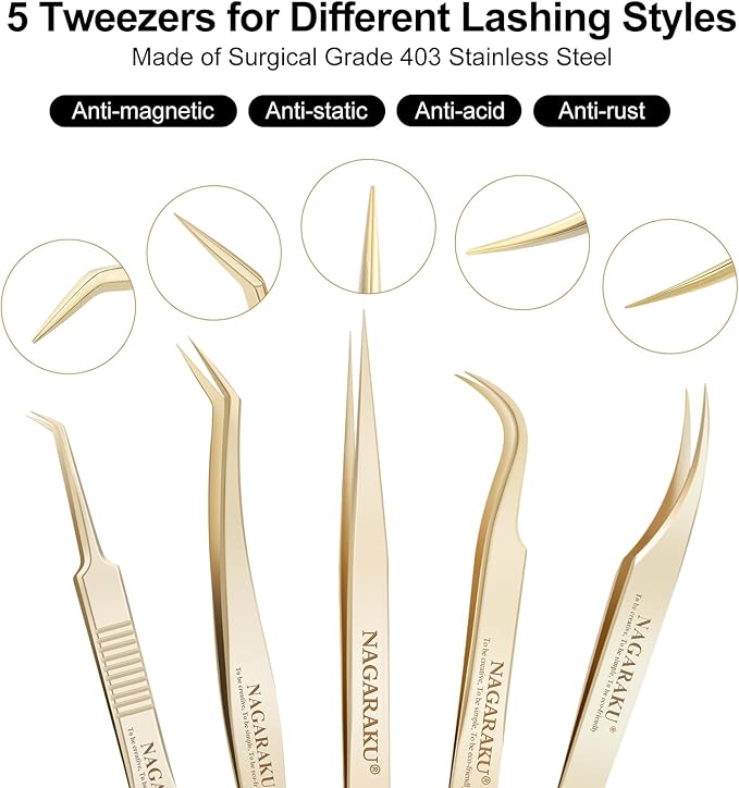 NAGARAKU 5 PCS Tweezers for Eyelash Extensions Straight and Curved Precision Professional Tweezer for Lash Extensions Volume Easy Fanning lash Precise Point with Storage Case Bag