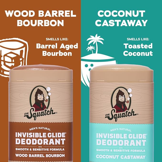 Dr. Squatch Invisible Glide Deodorant – Natural Smooth Roll On, No Stains, Aluminum Roll & Dermatologist-Tested Formula Suits Sensitive Skin – Wood Barrel Bourbon + Rainforest Rapids, 2.65oz (2-Pack)