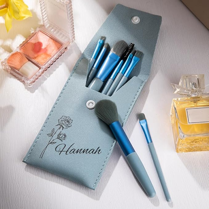 callie Personalized Birth Flower Makeup Brush Set, Custom Travel Cosmetic Makeup Brush Set with Bag Holder Case, Birthday Gift for Women (8 Brushes)