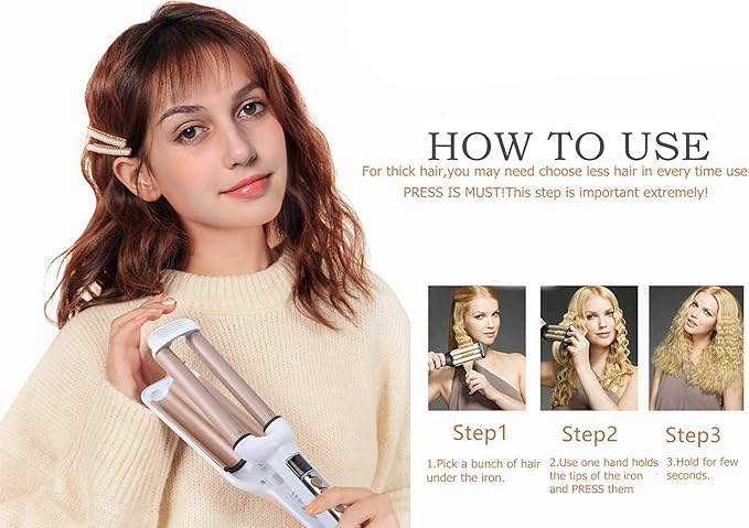 Crimper Hair Iron, Ceramic Hair Crimper Hair Waver 3 Barrel Curling Iron 0.6 inch / 16mm Perm Instant Curls,Hair Crimper and Wavers, Valentines Mothers Day Gifts for Women (Champagne)