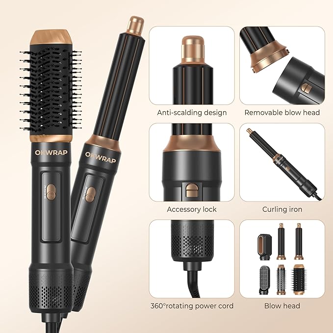6 in ONE Blow Dryer Brush,Air Curling Iron Round Brush Blow Dryer 800W,Ionic Hair Dryer Brush for Women, Hot Air Brush Hair Styling Tools 100-120V (Black Gold)