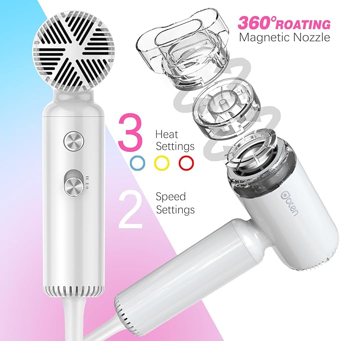Mini Hair Dryer, High-Speed Blow Dryer with 110,000RPM Brushless Motor, Magnetic Diffuser, Negative Ionic Technology for Fast Drying, Compact & Lightweight for Home & Travel (White)