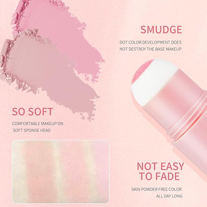 O'CHEAL Powder Blush Stick for Cheek and Eyes, Soft and Blendable Natural Flush, Long-Lasting Dewy Blusher Makeup, Buildable Glow for Face,Multi-Use Blush 03