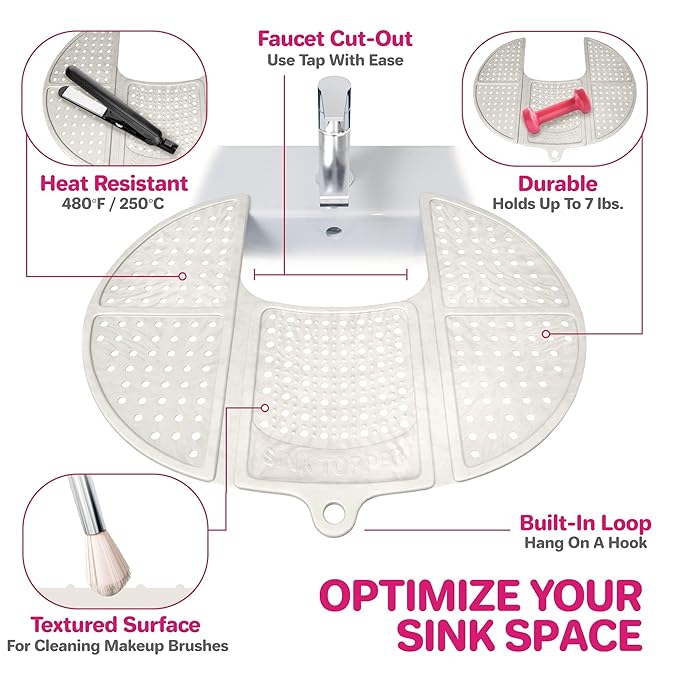 Sink Topper Bathroom Sink Cover for Counter Space & Storage Saver | RV Must Haves | Silicone Foldable Beauty Makeup Brush Cleaning Mat | Hot Tools Organizer | RV Sink Cover | Standard, Pearl