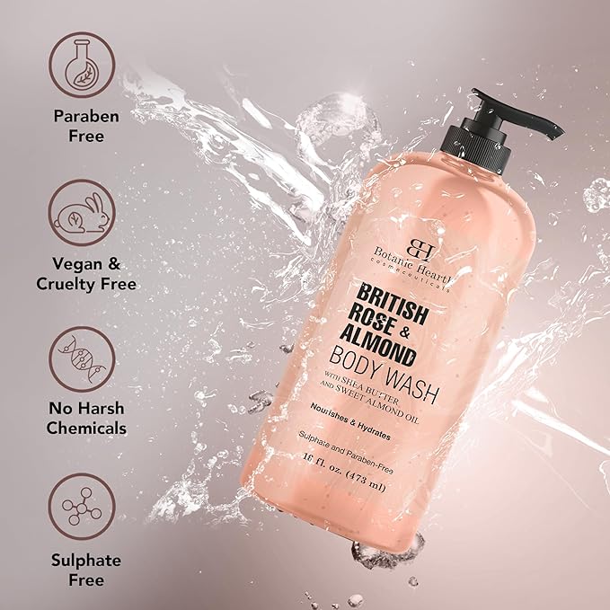 Botanic Hearth British Rose & Almond Body Wash – Moisturizing Shower Gel with Shea Butter, Gentle Hydrating Cleanser, Sulfate & Paraben Free – 16 fl oz
