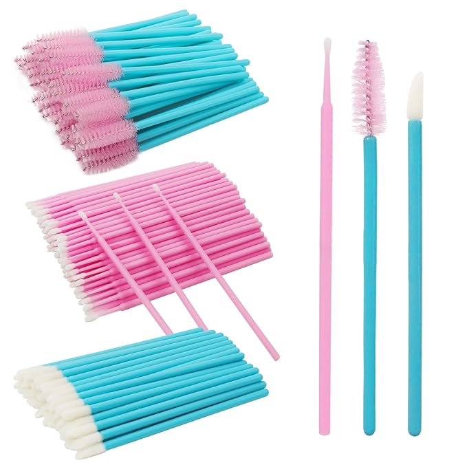 myaokue-up 200Pcs Cosmetic Brushes Kit, Disposable Nylon Lash Spoolies, Micro Swab Brushes, Mascara Wands, Lip Gloss Applicators, Blue/Pink, Cosmetic Tools
