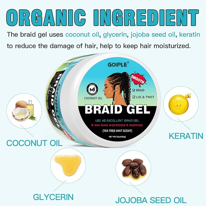 Goiple Braiding Gel Good for Twist, Locs, Braids, Edge No Flake Extra Hold High Shine Braid Gel & Edge Control, Loc Gel Long Lasting for Locks, Cornrows Smooths & Tames Frizz (Tea Tree)16 OZ, Blue