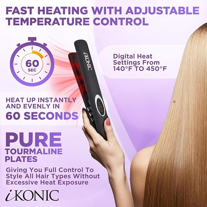 IKonic 100% Tourmaline Ceramic Hair Straightener & Curler, Anti-Static Infrared Ionic 2-in-1 Dual Voltage Flat Iron, 1” Floating Plates, Temp 140–450°F, Frizz-Free & Fast Heat Hair Iron (Pack of 2)