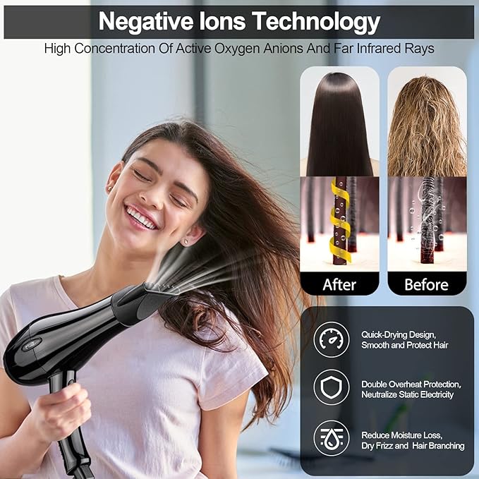 Professional Salon Hair Dryer, Blow Dryer Active Oxygen Negative ions Dryer with Attachments for Fast Drying for Family, Low Noise (Mirror Black, 2 Accessories)