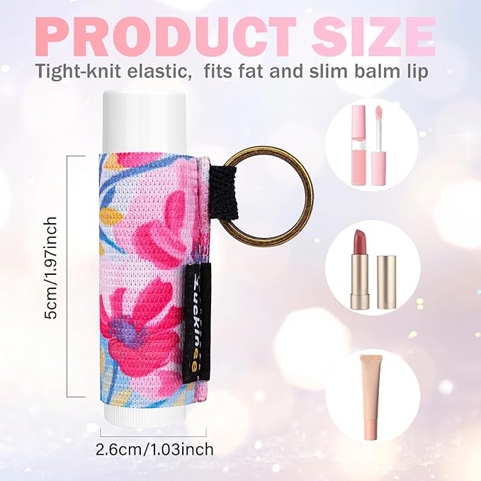 6PCS Lip Balm Holder Keychain Print Chapstick Holder Key chain Lipstick Holder Lip Gloss Sleeve -Tight Elastic Holder Sleeve for Fat and Slim Lip Balms