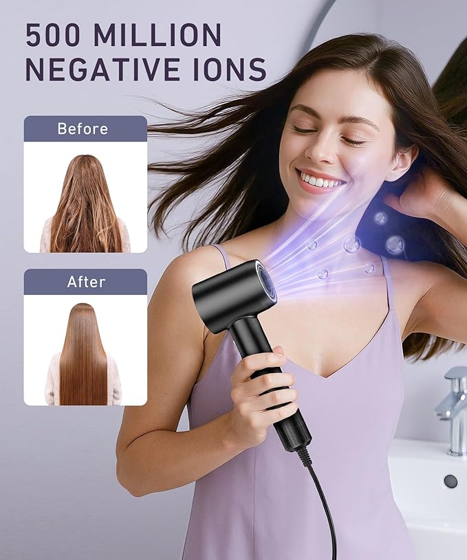 Hair Dryer, 150000 RPM High-Speed Brushless Motor Negative Ionic Blow Dryer for Fast Drying, Low Noise Thermo-Control Hair-Dryer-with-Diffuser and Nozzle