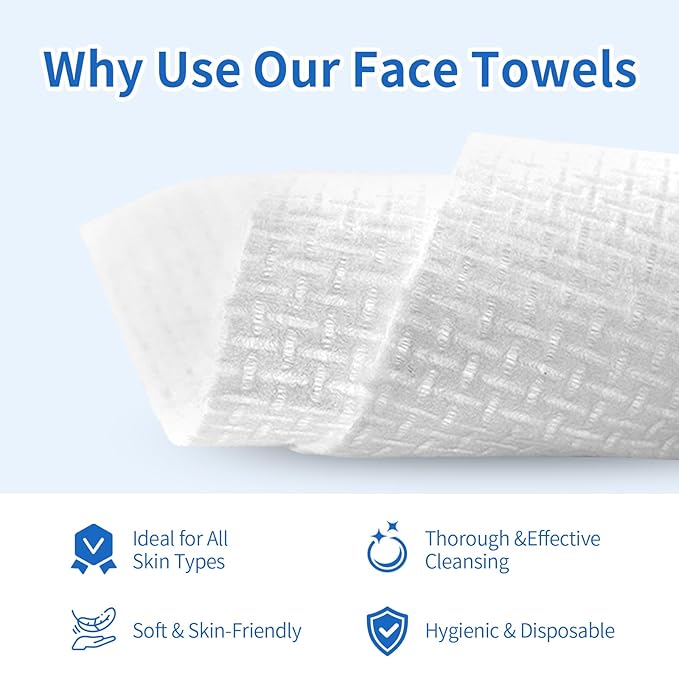 Clean Skin Towel | Disposable Face Towel | Dry Wipes, Makeup Remover | Ultra Soft, Gentle & Safe for All Skin Types | Single-Use, Spa-Grade, Pair with Cleansing | 50 count/Box (75-80 GSM).