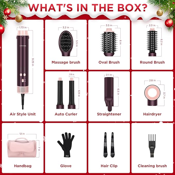 7-in-1 Hot Air Styler, Dual Voltage MaxAIR 2.0 Multi-Styler Set, High Speed Hair Dryer Brush with Air Hair Straightener, 1.1 Inch Auto-Wrap Curlers, 110,000RPM, Christmas Edition, Jasper Plum