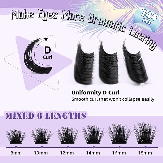 B&Q Lash Extension Kit F05 Eyelash Extension Kit 144 PCS Ultralight Eyelash Clusters Lash Clusters Kit 8-18MIX DIY Ultra-Soft False Eyelashes at Home with Lash Applicator Tools (Kit，F05)