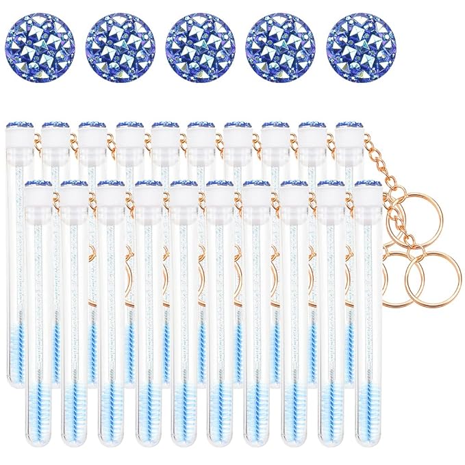 20 Pcs Mascara Wand Tube Set Diamond Key Chain Tube Empty Mascara Brushes & Eyelash Spoolies Brush Makeup Tool Applicator (Deep blue)