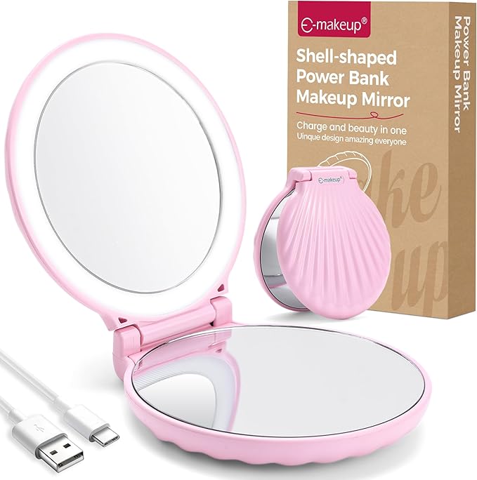 Compact Makeup Mirror with Lights Travel Vanity Mirror with Lights Small Compact Mirror 2x/10x Magnification & LED Lighted, Magnifying Mirror Portable Adjustable Rechargeable, Pink