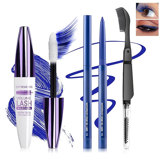 Blue Mascara and Eyeliner Set,5D Colored Mascara Volume and Length Waterproof,Natural Curling Lengthening,Suitable for Women Eye Makeup