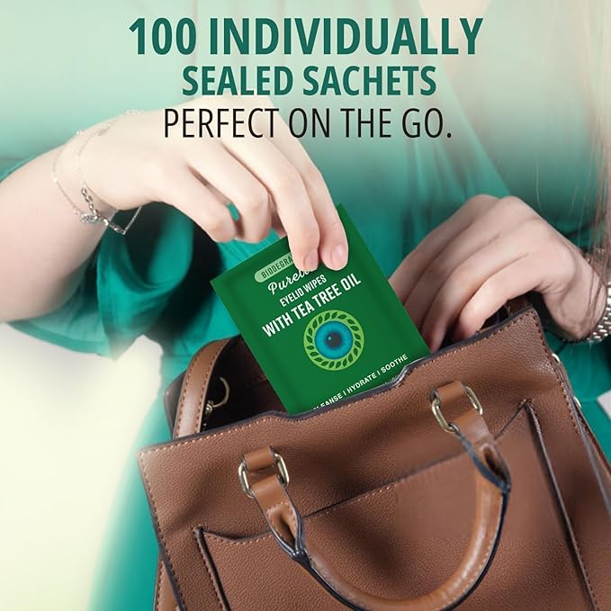 100PCs Tea Tree Eyelid Wipes – Cleaning Eye Wipes for People with Dry Eyes & Allergies – Gentle Eyelid Cleanser with Hyaluronic Acid, Chamomile and Aloe – Individually Wrapped & Biodegradable