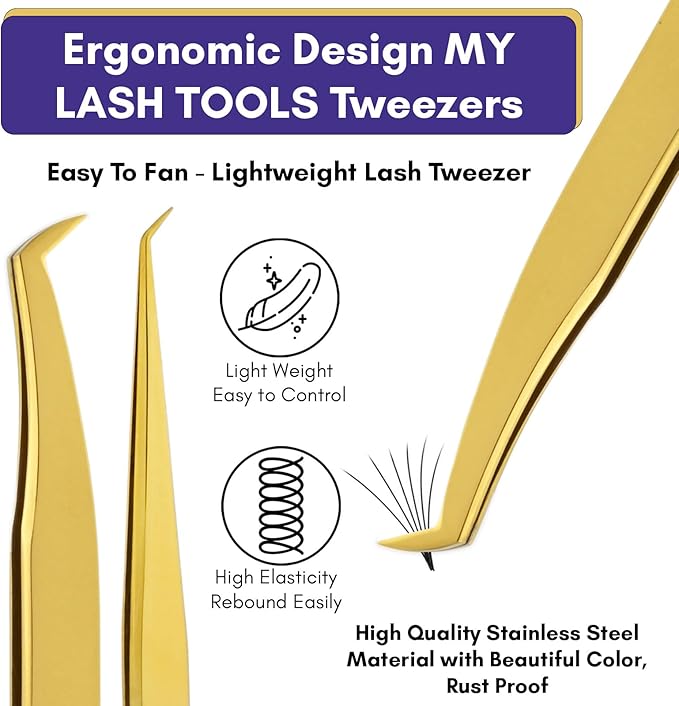 2pcs Fiber Tip Lash Tweezer Set – Boot Mega Volume Tweezer & Straight Isolation Tweezer, Precision Stainless Steel Lash Extension Tools, Non-Slip Grip, Tweezers for Classic & Volume Fans (Gold)