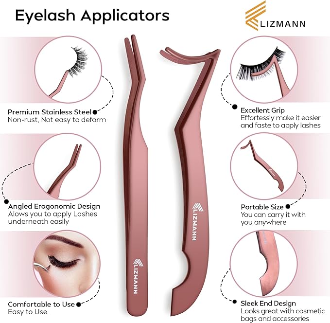 LIZMANN Eyelash Applicator Tweezers 2 PCS Tool for False Eyelash Application & Lash Extensions, Mistake-Proof Lash Placement Tweezers for Professional and DIY Use