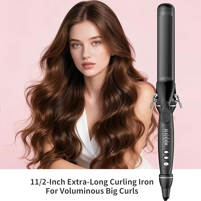 1 1/2 Inch Curling Iron, Tourmaline Ceramic Extra Long Barrel Curling Iron 1.5 Inch with Auto Shut-Off, Dual Voltage 110-240V Hair Curler Suitable for Travel, Including Glove