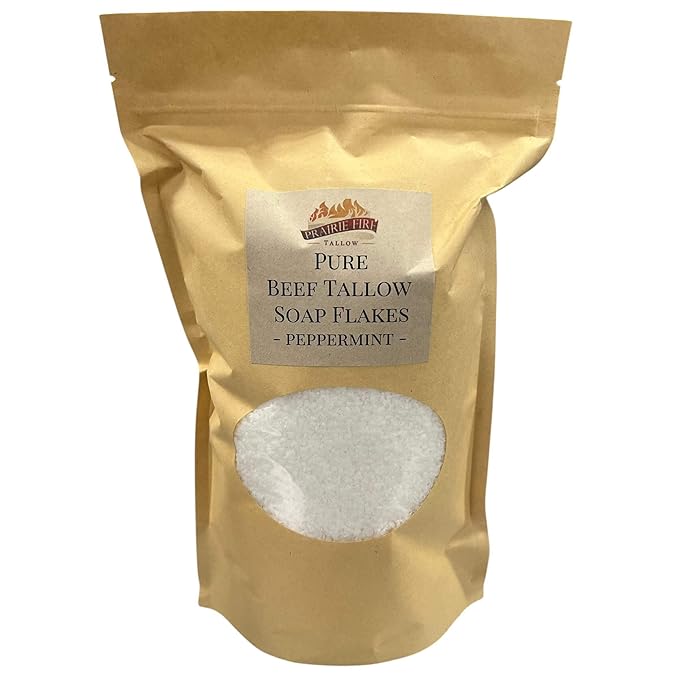 Pure Beef Tallow Soap Flakes - Made in USA - Grass Fed and Finished - Face, Body and Hair - Natural and Organic Peppermint