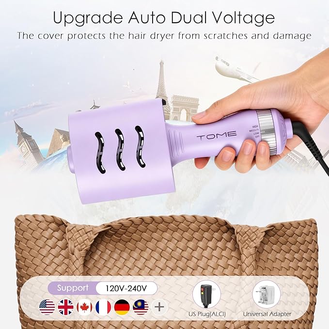 Tome Travel Hair Dryer Brush, Dual Voltage Blow Dryer Brush, Mini Hot Air Portable 2 inch Travel Hair Dryer Styler Volumizer Oval Shape (Purple)