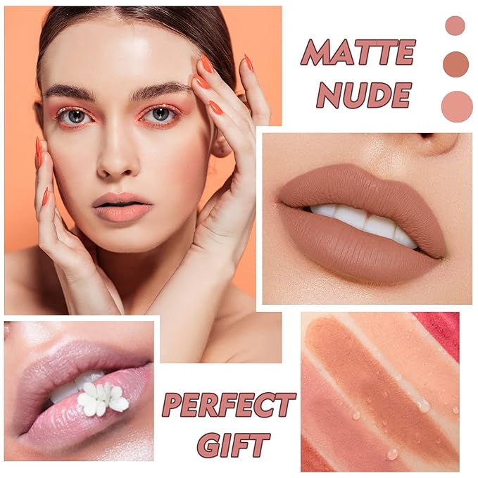 3PCS Matte Nude Lipstick Set Velvet Lip Gloss Non-Fading Non-Sticky Cup Nude Lipstick Matte Lip Stain Long Lasting Waterproof Lipstick for Women Girls Daily Lip Makeup - Set D