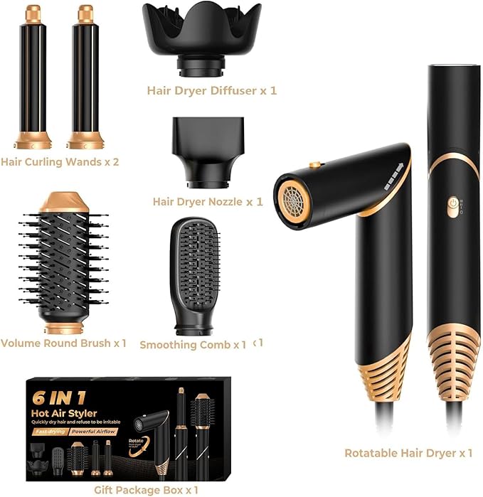6 in 1 Hair Dryer Brush, Foldable Blow Dryer Brush with Wrap Curler, Detachable Air Hair Styler Curling, Drying,Volumizing, Straightening, Negative Ionic Hair Dryer with Diffuser, Hair Styling Tools