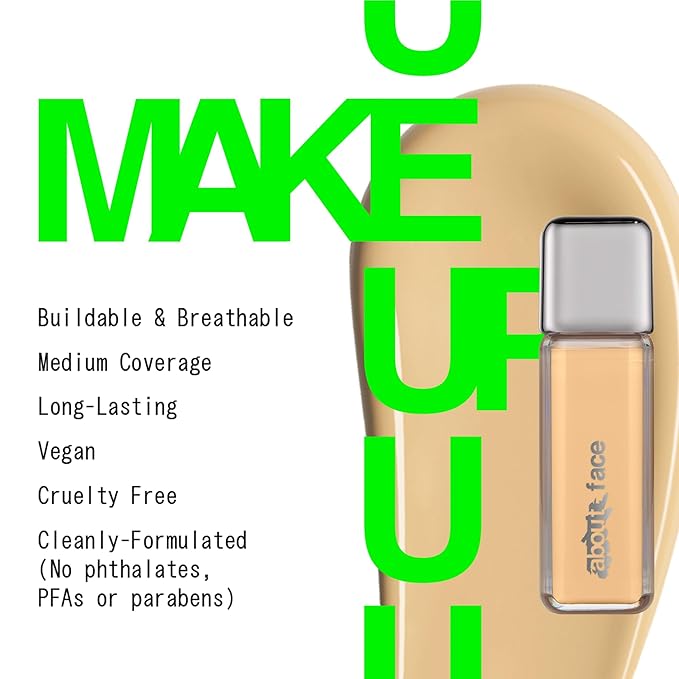 about-face THE PERFORMER Skin-Focused Foundation LM1Neutral – Medium Coverage, Long-Wear, Breathable & Buildable Base – Clean, Vegan, Hydrating Formula with Blue Agave & Chlorella – 1.08oz