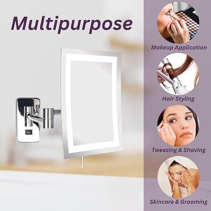 JERDON Rectangular Wall Mount Makeup Mirror - Direct Wire Makeup Mirror with 5X Magnification and LED Lights - Chrome Finish - Model JRT710CLD
