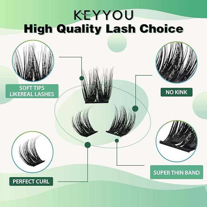 KEYYOU Volume Wispy Lash Extension 96pcs Individual Lashes D Curl 14mm Soft&Comfortable Easy DIY at Home