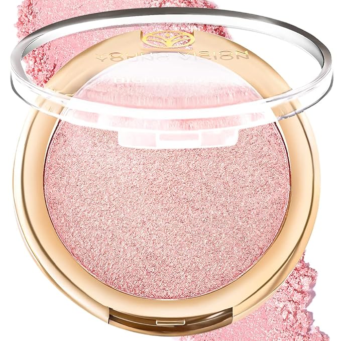 YOUNG VISION Pressed Powder Highlighter, Baked Natural Glow Contour Powder & Face Highlighter, Cruelty-Free, Shimmer Highlighting Makeup for Face, Eye, Eyeshadow, Body, Skin (Pink)