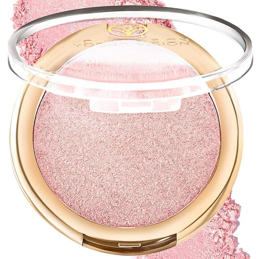 YOUNG VISION Pressed Powder Highlighter, Baked Natural Glow Contour Powder & Face Highlighter, Cruelty-Free, Shimmer Highlighting Makeup for Face, Eye, Eyeshadow, Body, Skin (Pink)