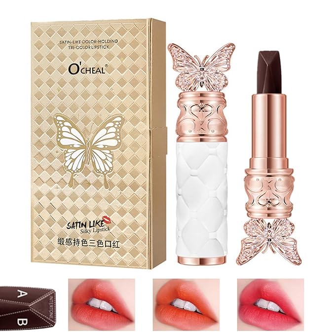 3 Colors In 1 Lipstick, Glossy Silky Feeling Lip Colors, High Pigmented, Exquisite Butterfly Appearance, Long Lasting Moisturizing One Lipstick Three Colors