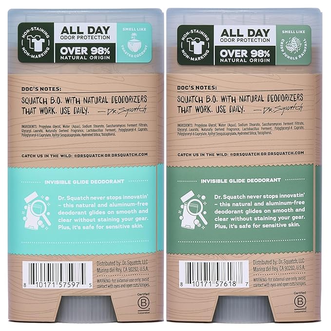 Dr. Squatch Invisible Glide Deodorant – Natural Smooth Roll On, No Stains, Aluminum Roll & Dermatologist-Tested Formula Suits Sensitive Skin – Coconut Castaway + Rainforest Rapids, 2.65oz (2-Pack)