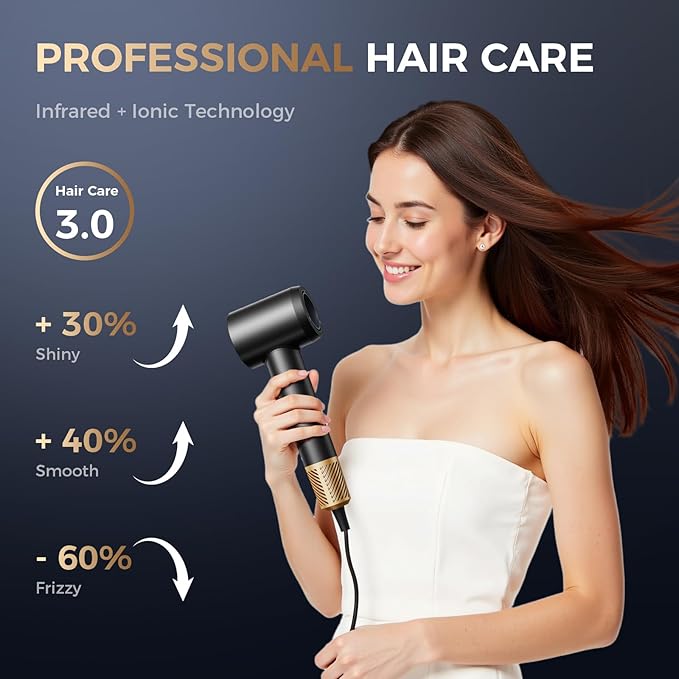 Hair Dryers Women,Infrared Hair Dryer,High-Speed Ionic Low-Noise Hair Dryer,Dries Quickly,Quiet,Lightweight, with a Magnetic Nozzle,for Home,Travel,Salons (Black)