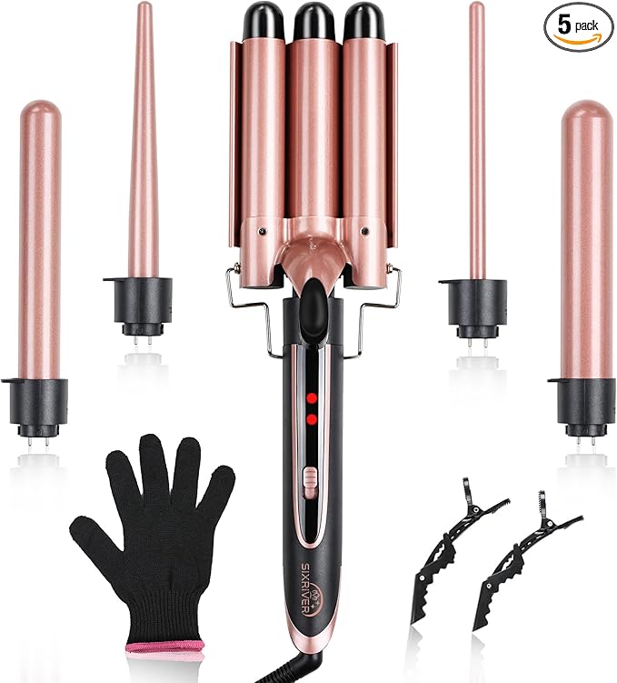 5-in-1 Curling Iron Set, Curling Wand with 3 Barrel Hair Crimper Iron and Interchangeable 4 Curling Irons, Dual Voltage Hair Waver with 2-LED Temp Control for All Hair Types, Glove & 2 Clips